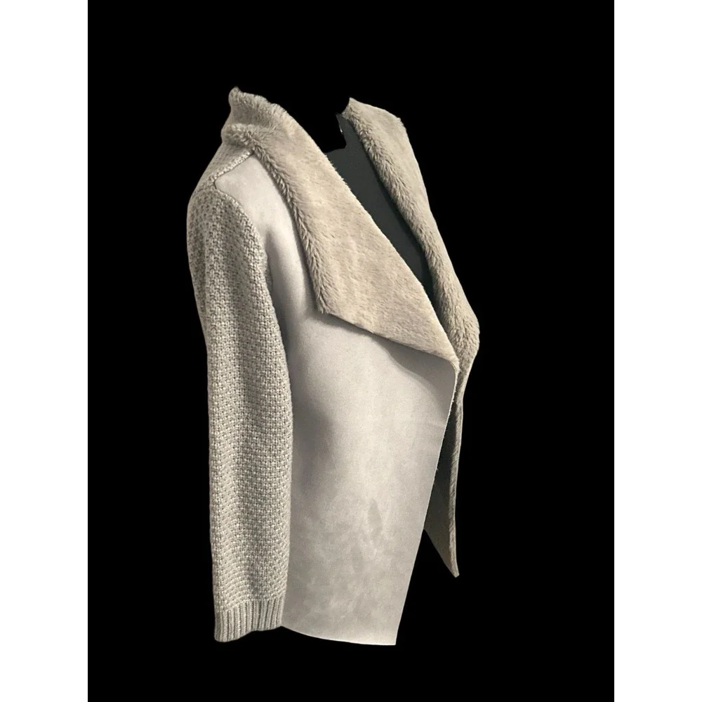 OnTwelfth Faux‎ Shearling Open Front Cardigan Jacket Sweater Grey Women's Medium
